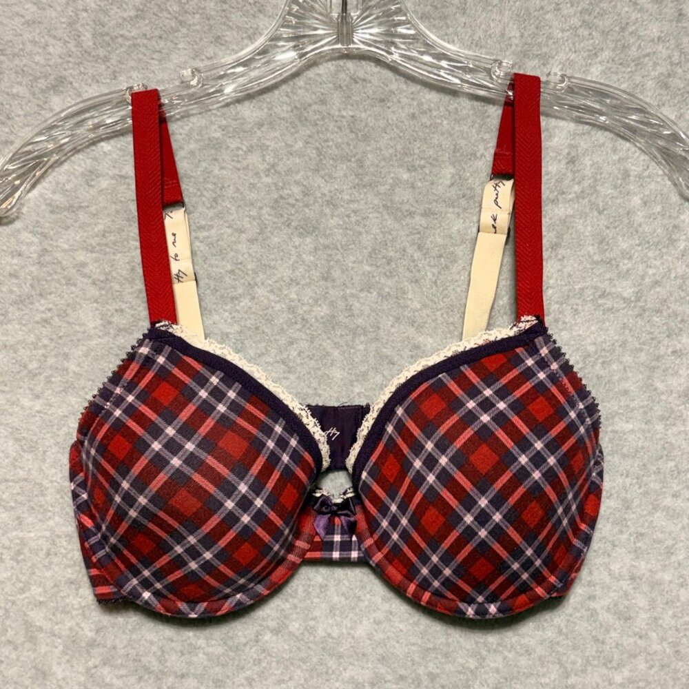 Kensie Plaid Underwire Bra 34D Red Purple Adjustable Straps & Lace Trim